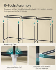 Assembly illustration showing steel tubes pushing into plastic connectors without tools