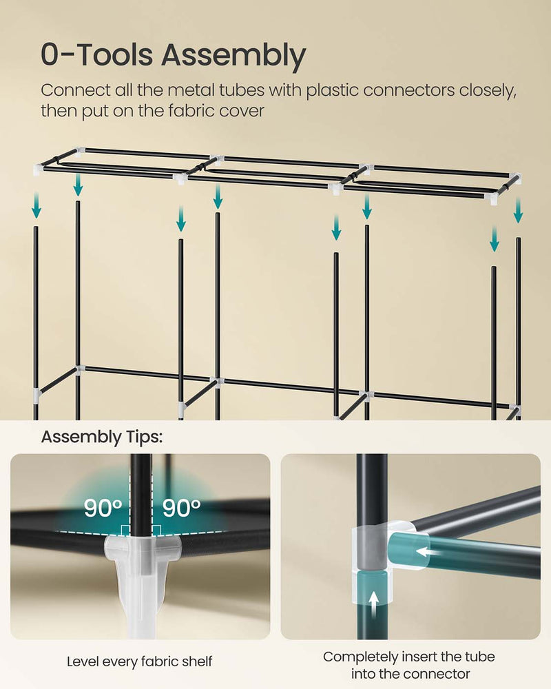 Assembly illustration showing steel tubes pushing into plastic connectors without tools