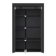 Black portable wardrobe with 6 shelves and metal frame, empty studio shot