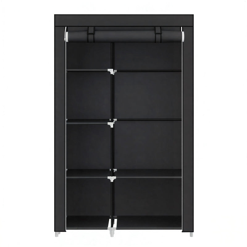Black portable wardrobe with 6 shelves and metal frame, empty studio shot