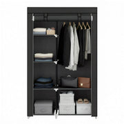 Portable wardrobe filled with folded clothes, hanging shirts and storage boxes