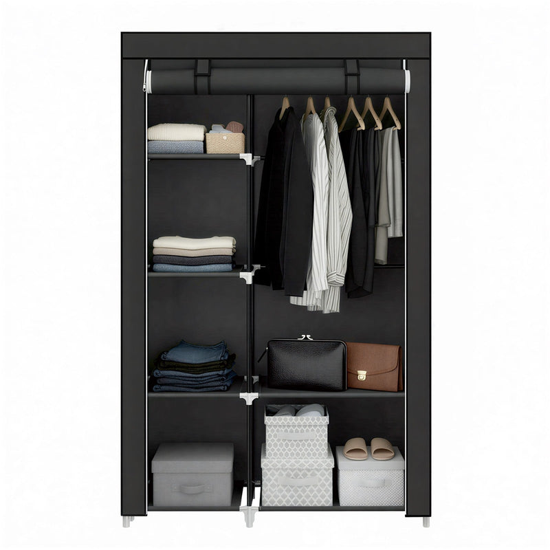 Portable wardrobe filled with folded clothes, hanging shirts and storage boxes