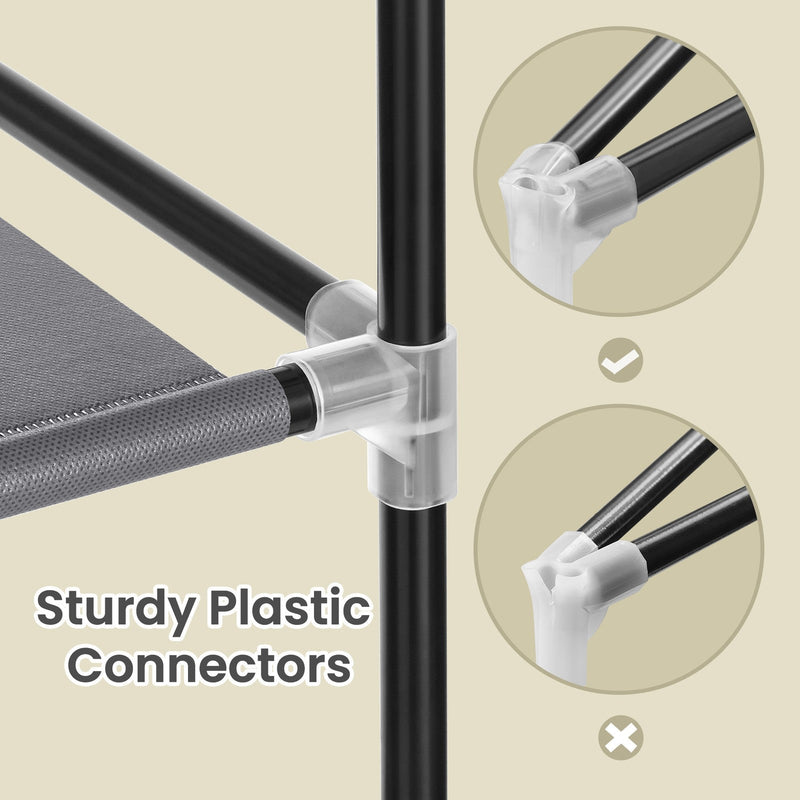 Close-up of sturdy plastic connectors joining the wardrobe's metal frame tubes