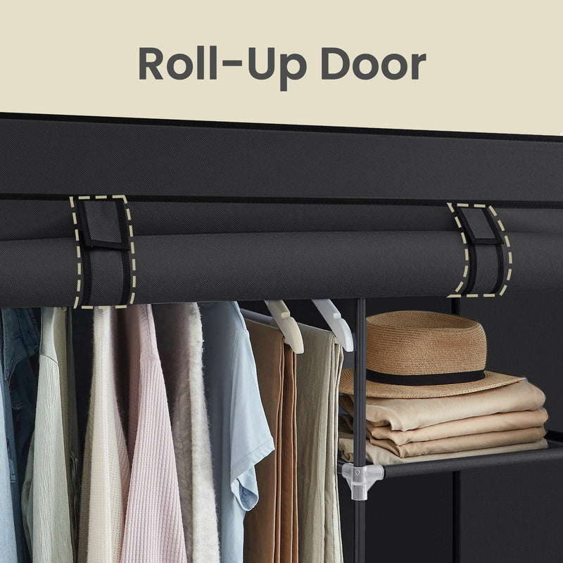 Close-up of the roll-up dustproof door revealing hanging clothes and a folded shelf