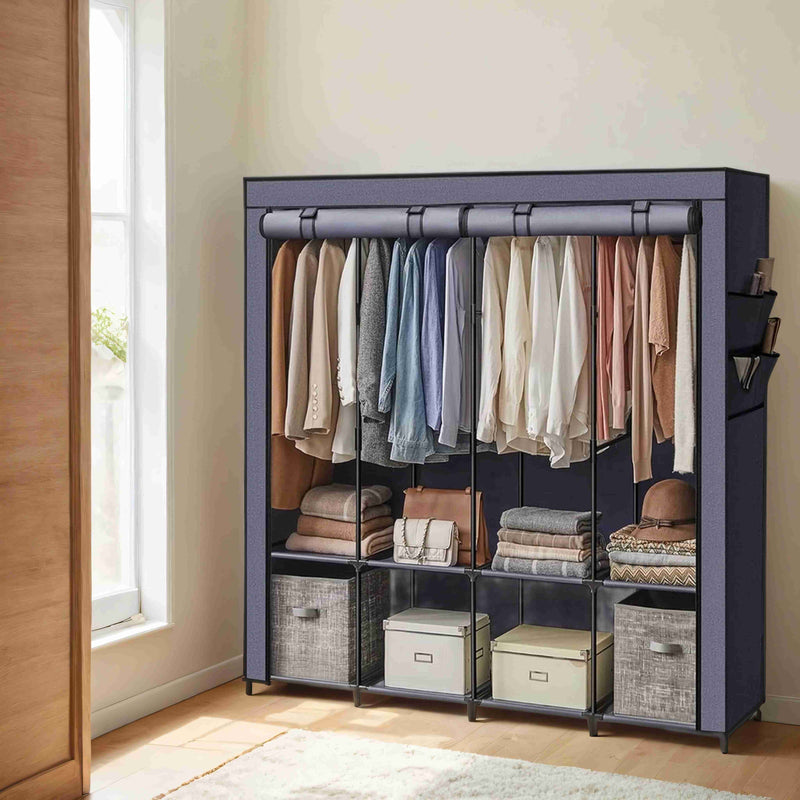 Portable navy blue wardrobe organiser filled with hanging clothes and folded storage boxes