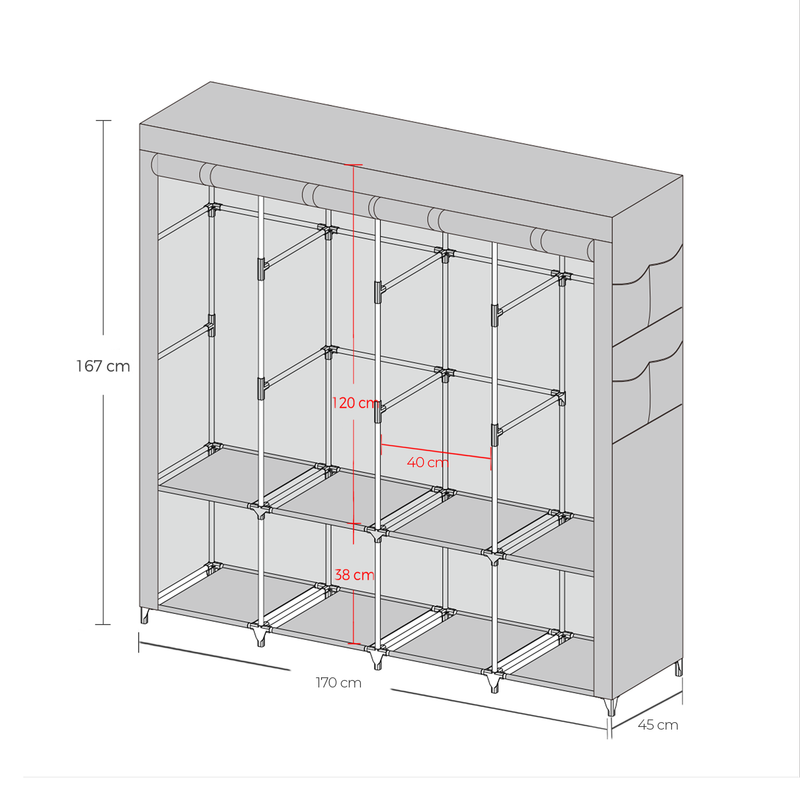 Dimension diagram of the portable wardrobe organiser