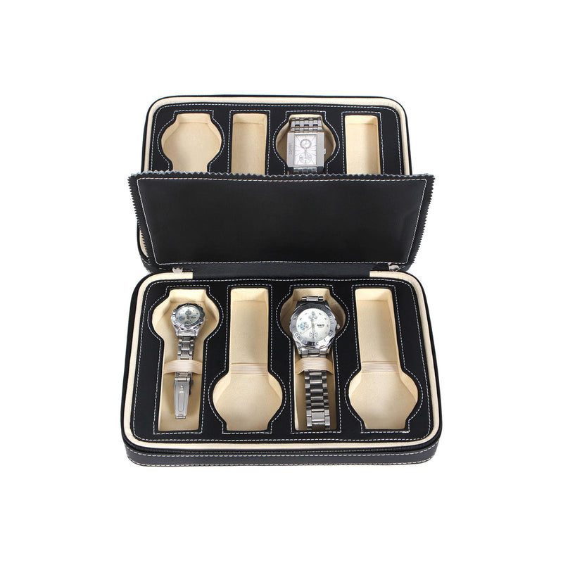 Watch travel case open showing 6 padded slots