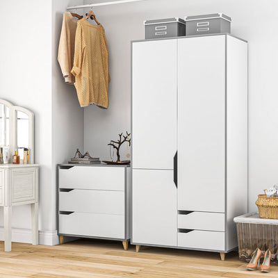 3 Piece Bedroom Furniture Set with Wardrobe and Chest of Drawers for Storage Grey and White AOSOM