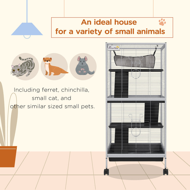 Small Animal Cage with Wheels and Platforms for Indoor Use, Light Grey