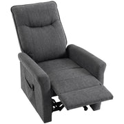 Dark grey chenille power lift recliner chair with the footrest raised