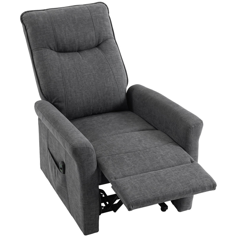 Dark grey chenille power lift recliner chair with the footrest raised
