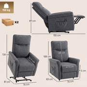 Dimensions diagram for the dark grey power lift recliner showing upright, reclined and lifted sizes