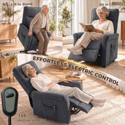Three scenes showing the chair lifting to stand, sitting upright and reclining to 155°