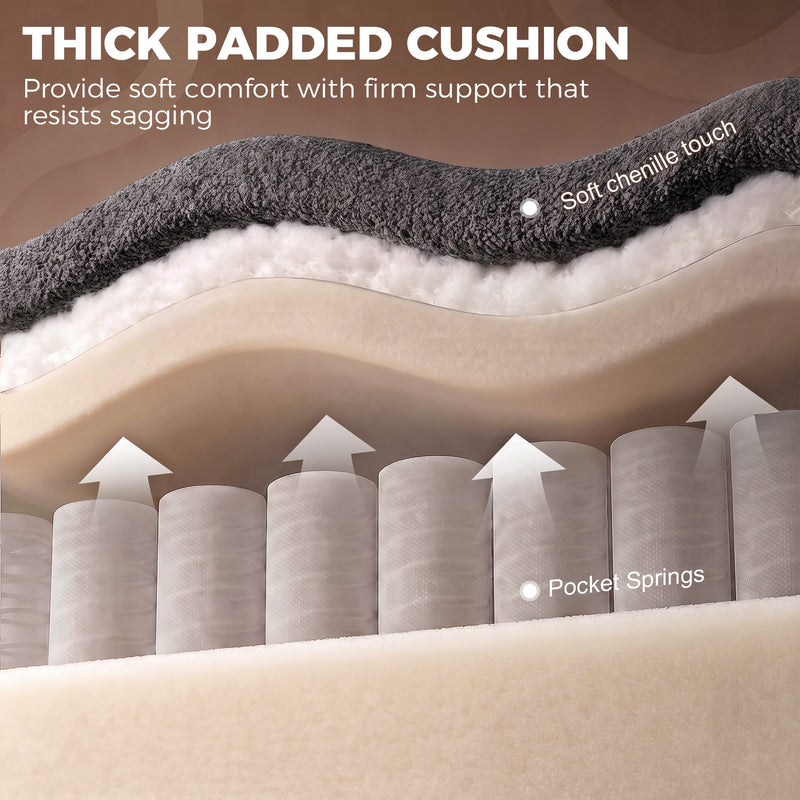 Cutaway of the thick padded cushion with chenille top, foam and pocket springs