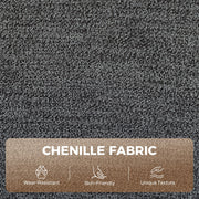 Close-up of dark grey chenille fabric with wear-resistant and skin-friendly icons