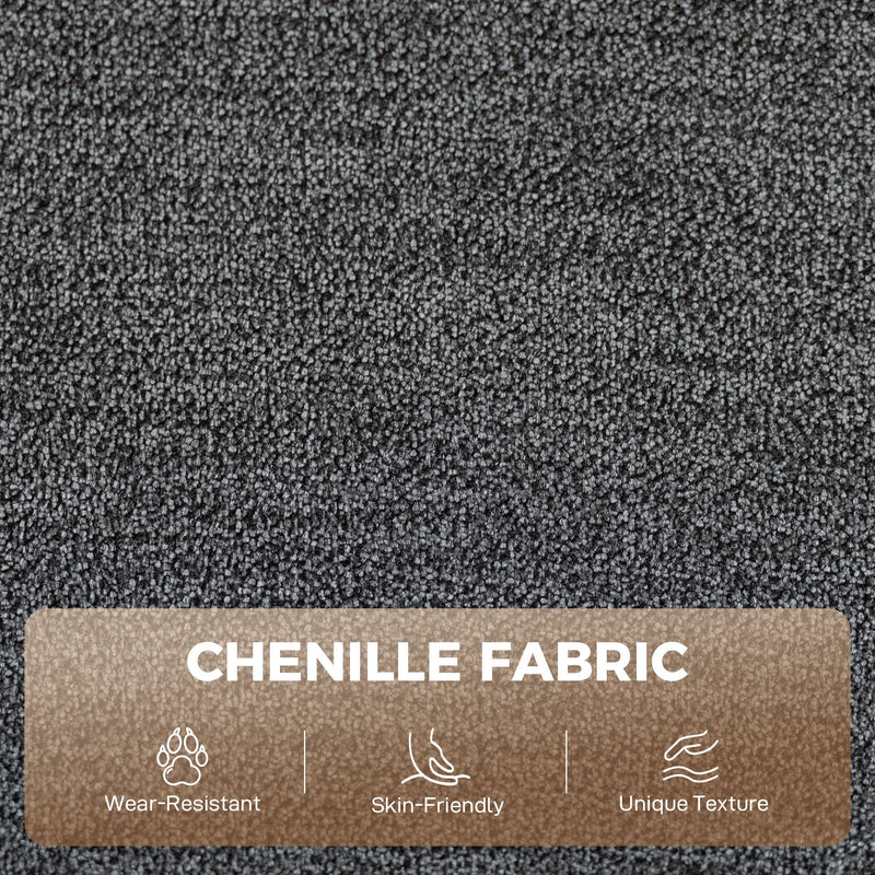 Close-up of dark grey chenille fabric with wear-resistant and skin-friendly icons
