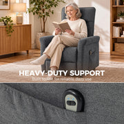 Woman reading in the recliner beside a heavy-duty support banner and a remote in the side pocket
