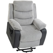 Homcom power lift recliner chair in light grey corduroy, studio shot with footrest extended