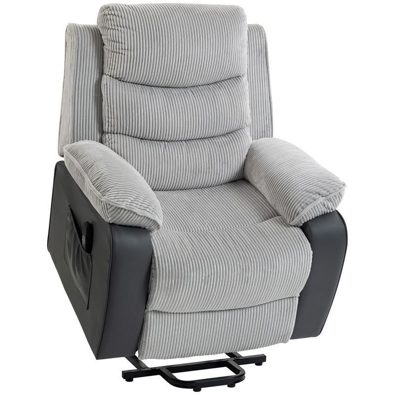 Homcom power lift recliner chair in light grey corduroy, studio shot with footrest extended