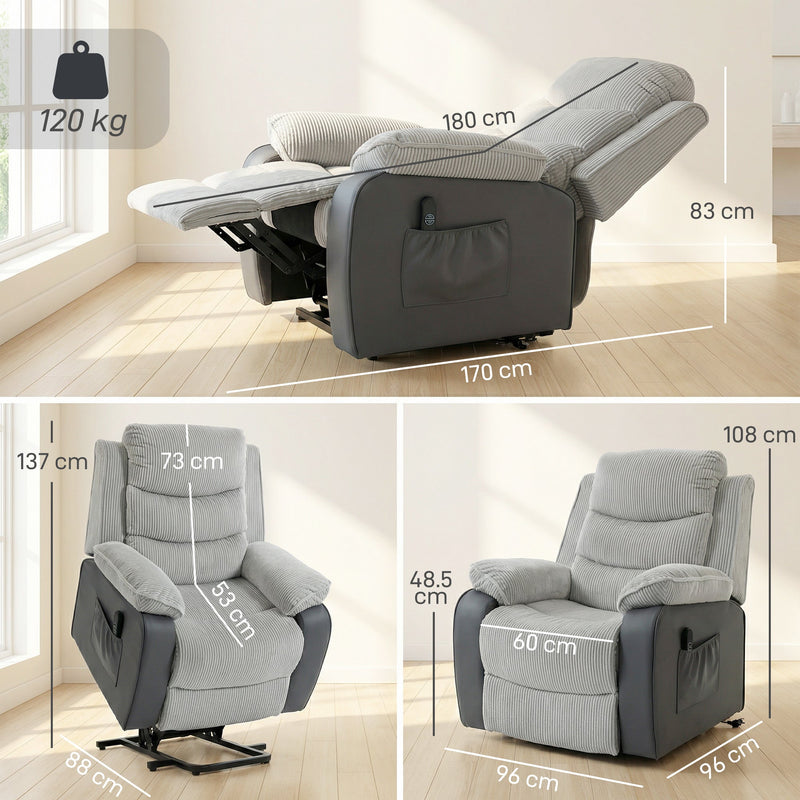 Dimension diagram showing the chair overall, reclined and lifted positions with sizes labelled