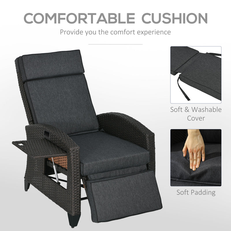 Grey Outdoor Reclining Garden Chair with Footrest Cushion and Side Tray for Relaxing