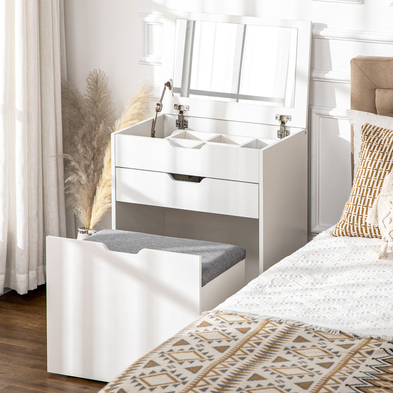 Dressing Table with Flip Up Mirror Drawer and Storage Stool for Bedroom or Lounge White