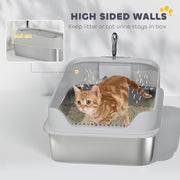 XXL Stainless Steel Cat Litter Box with High Sides and Scoop for Easy Cleaning, Silver