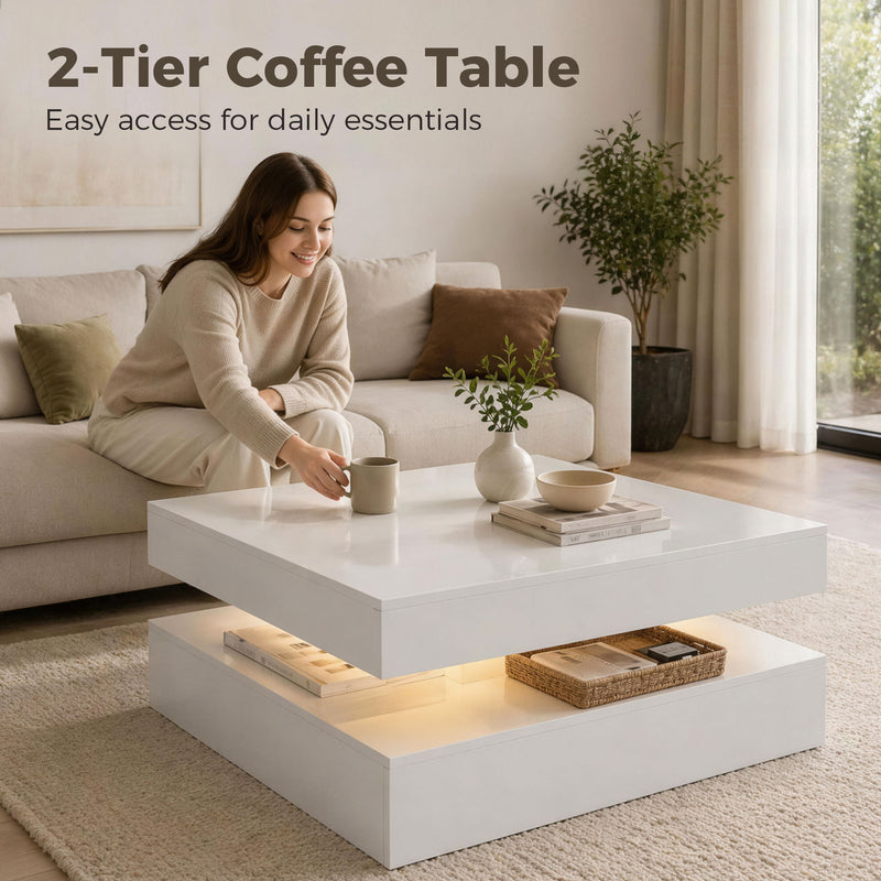Coffee Table with LED Mood Lighting and Storage Shelf for Organised Living Room High Gloss White