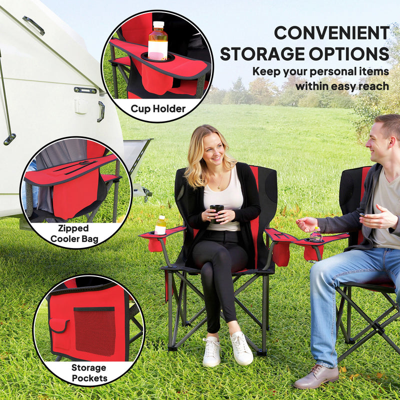 Folding Padded Camping Chairs Set of 2 with Cup Holder and Carry Bag Red