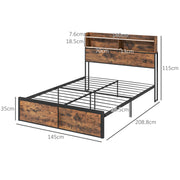 Industrial Double Bed Frame with Storage Headboard and Slatted Base for Adults Rustic Brown