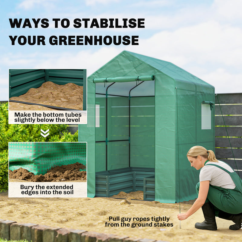 Mini Walk In Greenhouse With Raised Bed And Roll Up Windows For Garden Growing Green Outsunny
