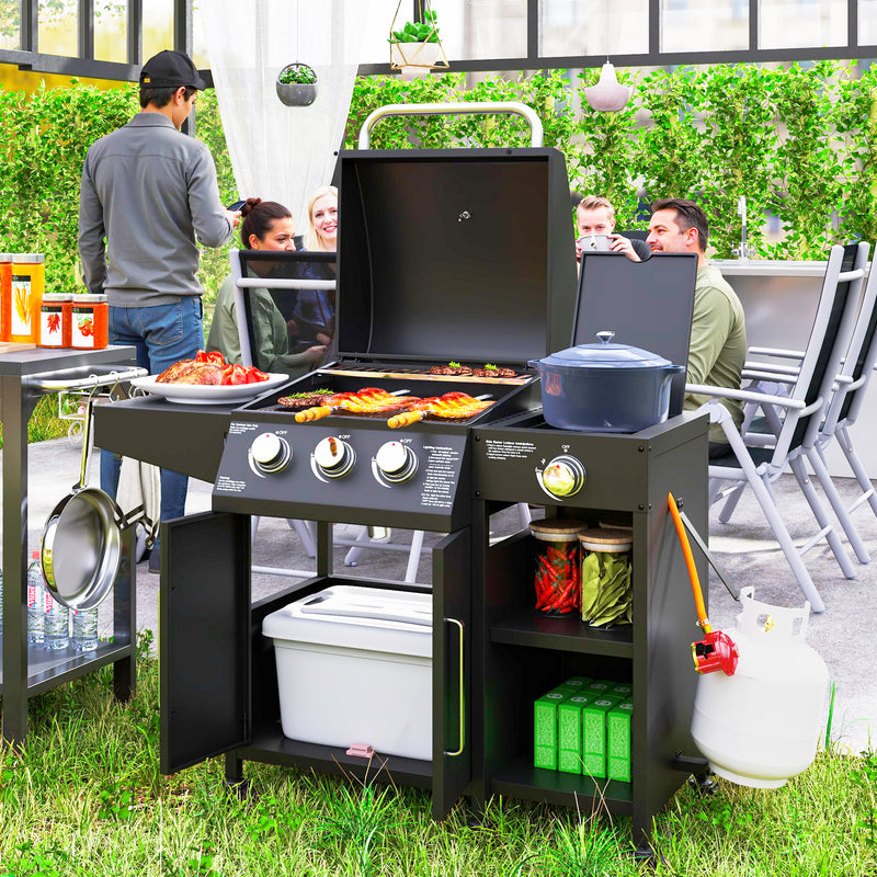 3+1 Burner Gas BBQ Grill with Storage Cabinet and Wheels for Outdoor Cooking by Outsunny