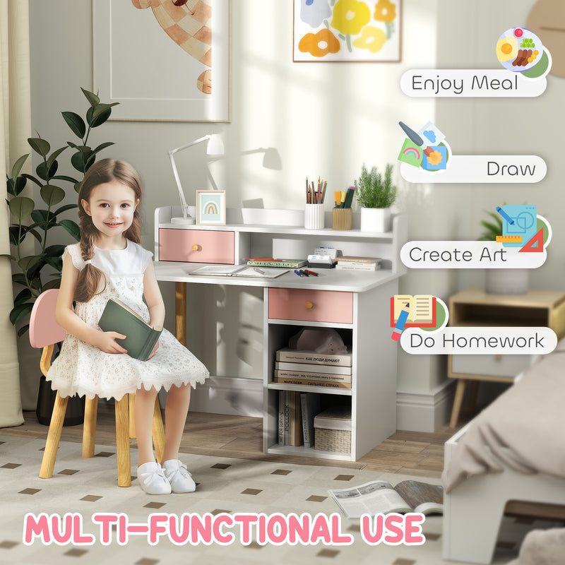 Pink Kids Study Desk and Chair Set with Hutch Storage Drawer and Shelves by AIYAPLAY