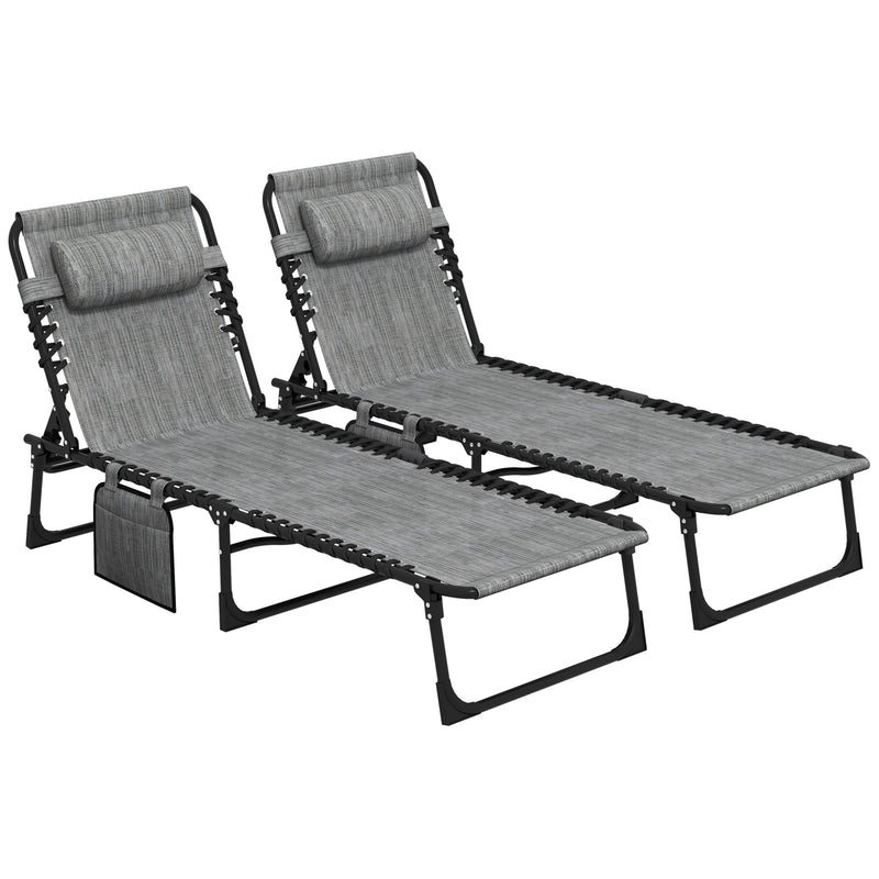 Set of 2 Folding Sun Loungers with Adjustable Backrest and Pillow for Garden or Beach