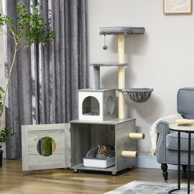Enclosed Cat Litter Box with Bed and Scratching Posts for Indoor Cats, Grey