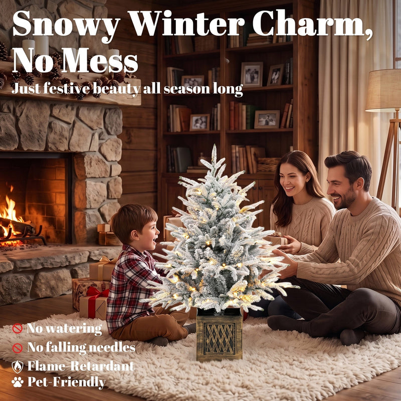 Family by a stone fireplace with the flocked tree and no-mess, flame-retardant notes