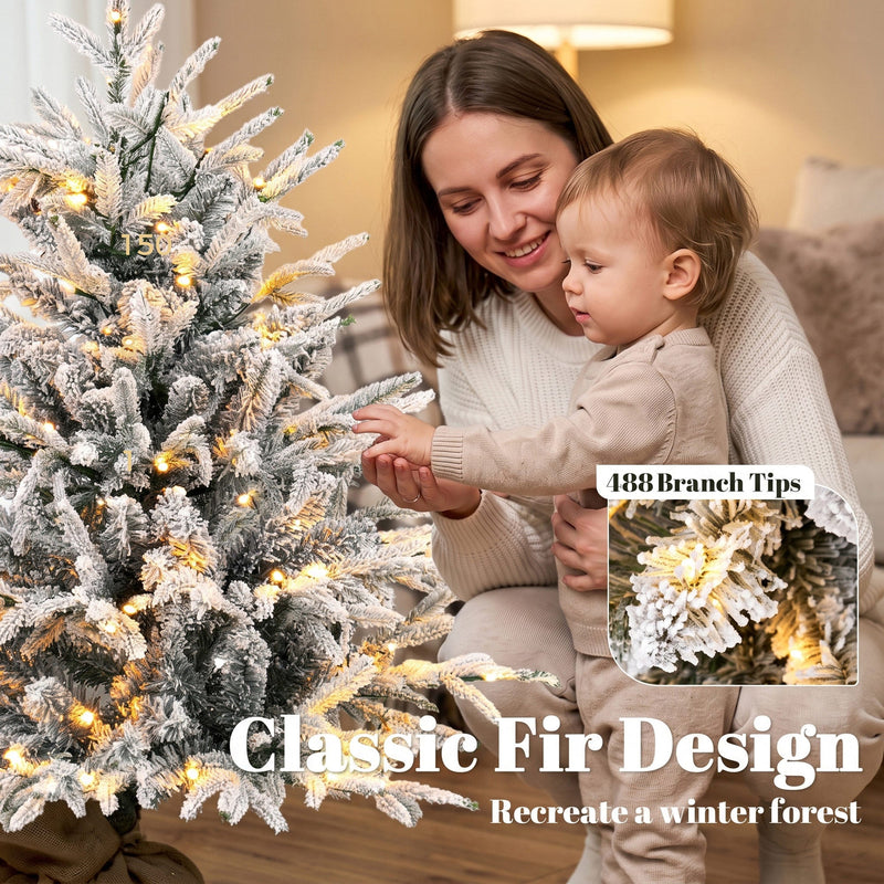 Parent and toddler touching the flocked tree with a 488 branch tips callout