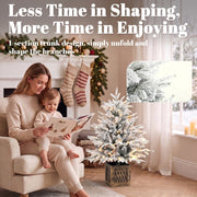 Parent reading to a child beside the flocked tree with a one-section trunk callout