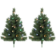 Two green pre-lit outdoor Christmas trees with colourful LEDs and ground stakes on white