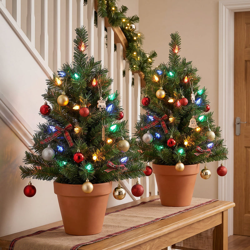 Two decorated lit trees in terracotta pots on a hallway table by the stairs