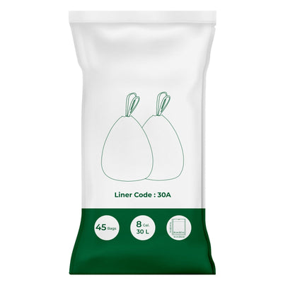Songmics 30L drawstring bin bags packaging showing liner code 30A, 45 bags and 8 gallon capacity