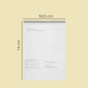 Dimensions diagram of one drawstring bin bag measuring 50.5 cm wide and 74 cm tall