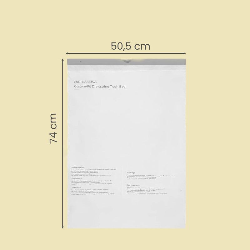 Dimensions diagram of one drawstring bin bag measuring 50.5 cm wide and 74 cm tall
