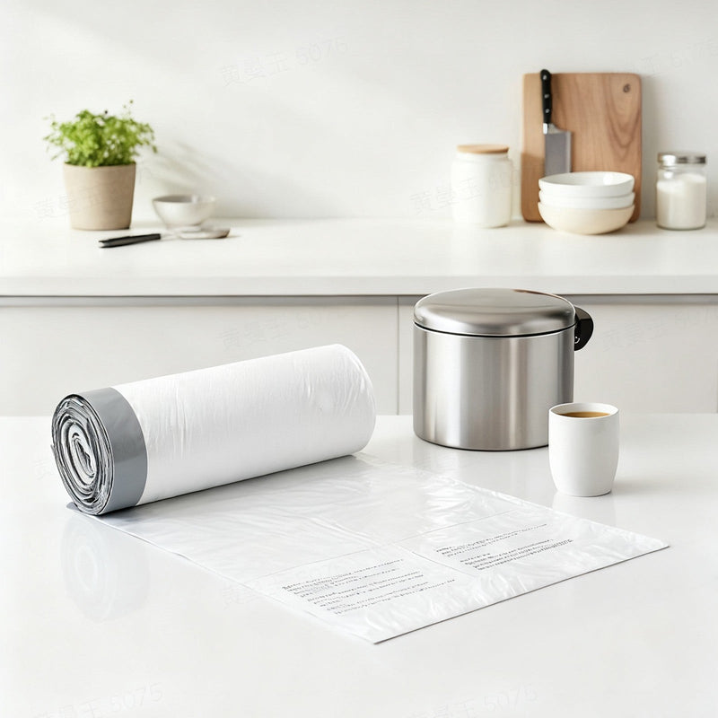 Part-unrolled roll of white drawstring bin bags on a kitchen worktop beside a small bin