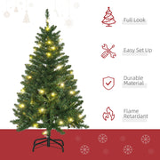 Lit Christmas tree beside icons for full look, easy set up, durable material and flame retardant
