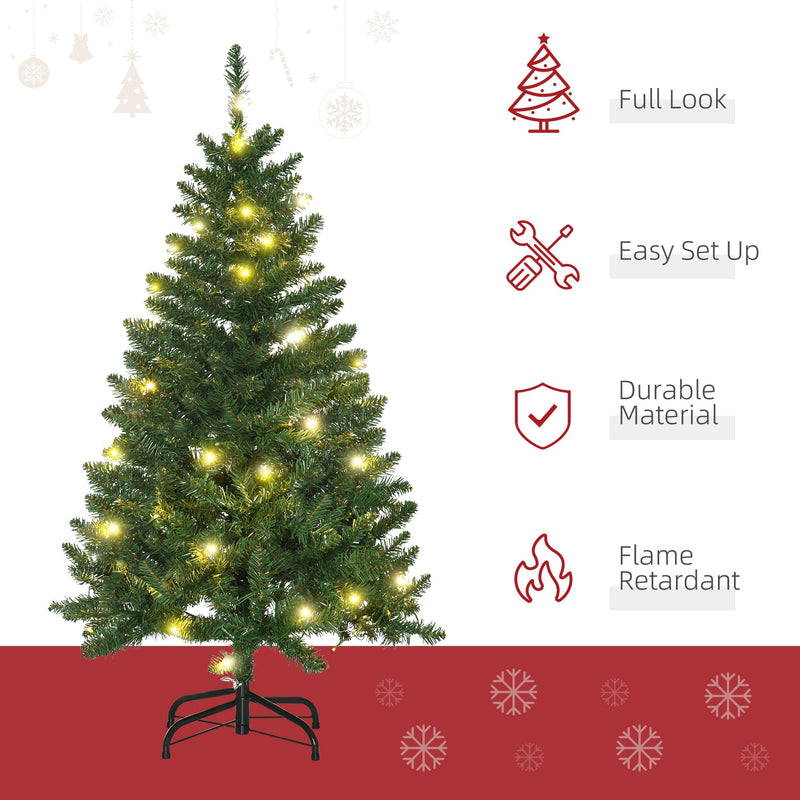 Lit Christmas tree beside icons for full look, easy set up, durable material and flame retardant