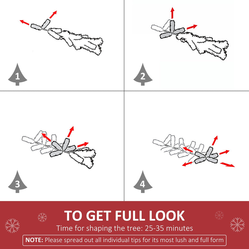 Four-step diagram showing how to spread out the branch tips, taking 25 to 35 minutes