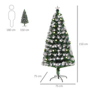 Dimensions diagram showing the 5ft tree at 150 cm high and 75 cm wide next to a 180 cm human silhouette
