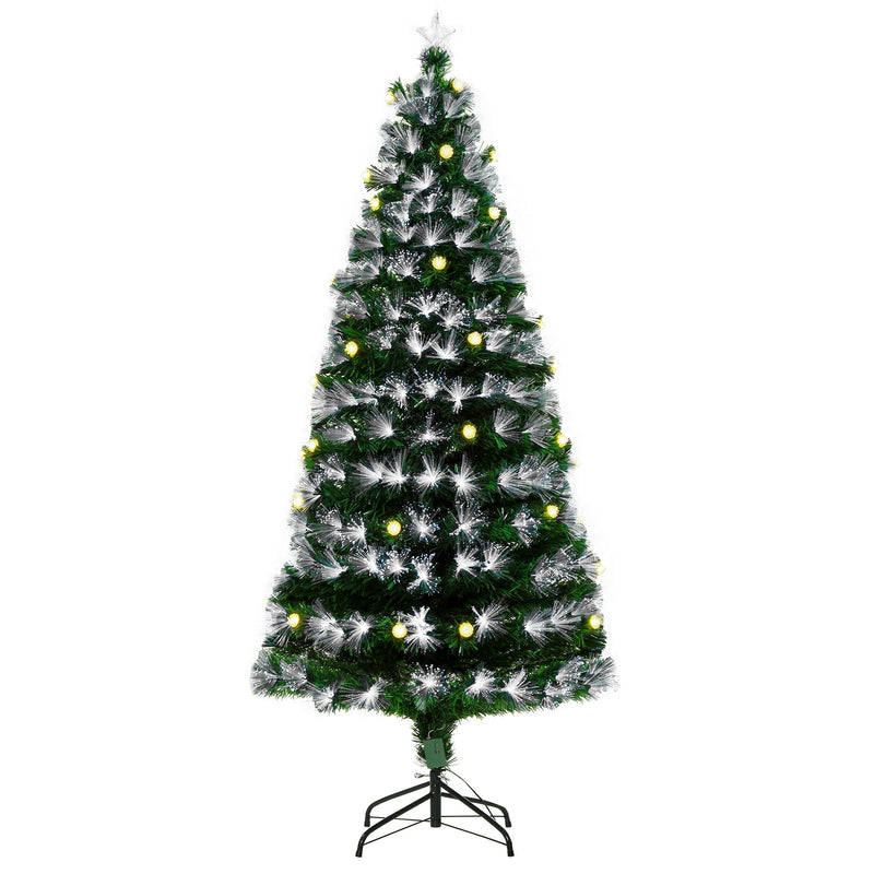 6ft fibre optic Christmas tree with white fibre tips, warm ball lights and a star topper on a black metal base