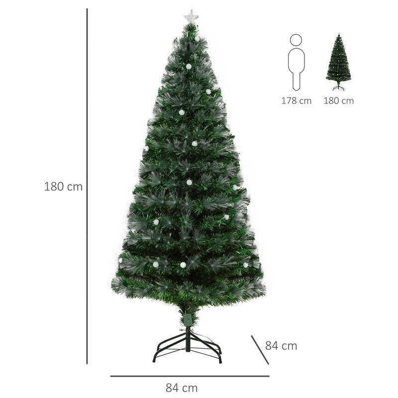 Dimensions diagram showing the 6ft tree at 180 cm high and 84 cm wide next to a 178 cm human silhouette